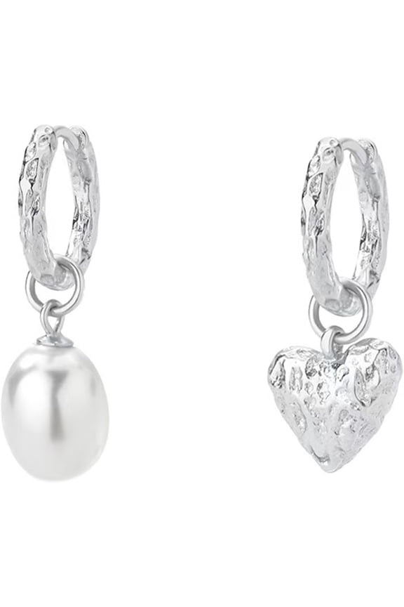 Pearl Hoop Earrings for Women | Unique Mismatched Gold and Silver Plated Pearl and Heart Dangle Earrings | Statement Hammered Gold Huggie Y2k Aesthetic Earrings