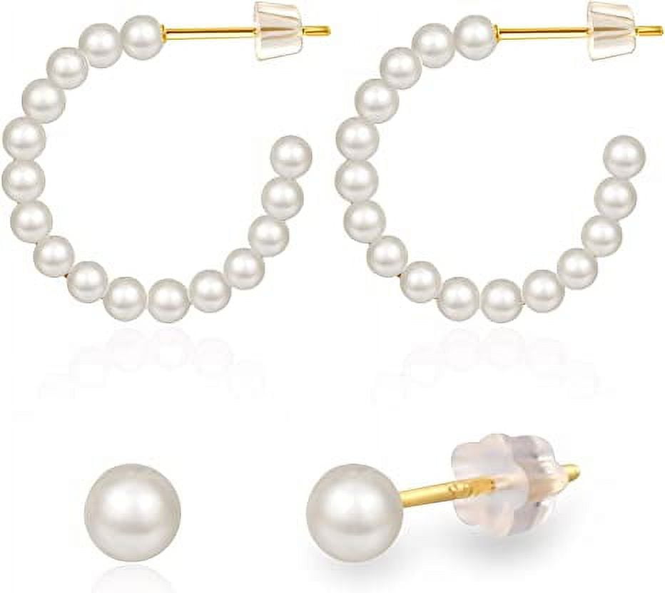 MANGOFEEL Pearl Hoop Earrings for Women - Small Ball Pearls Stud Earrings 925 Sterling Sliver Gold Lightweight Earrings for Girls