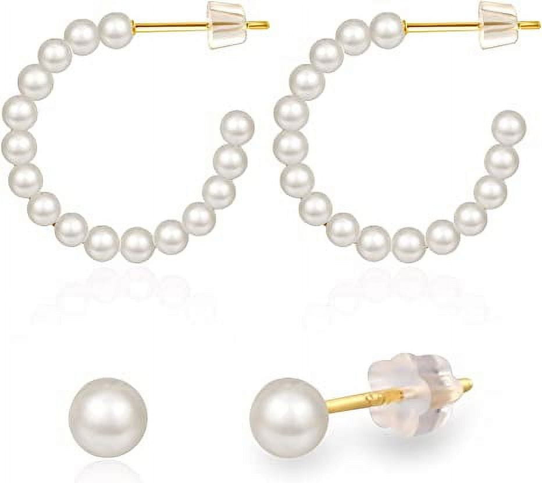 MANGOFEEL Pearl Hoop Earrings for Women - Small Ball Pearls Stud Earrings 925 Sterling Sliver Gold Lightweight Earrings for Girls