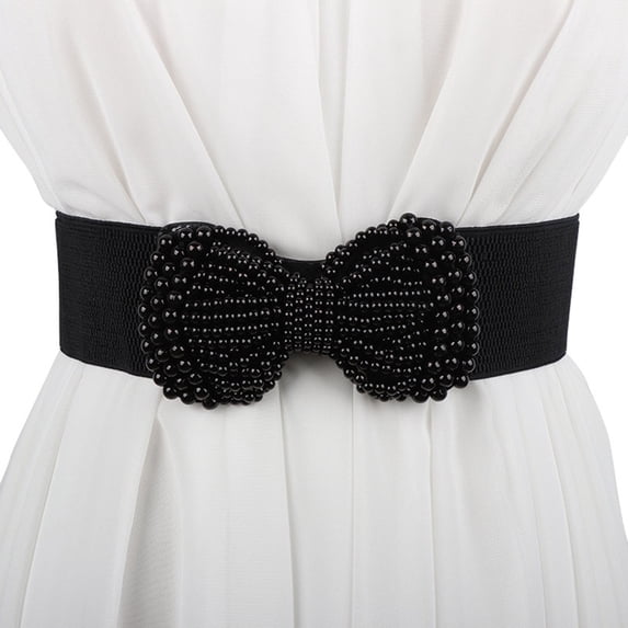 Pearl Imitation Belt with Bow Elastic Waistband for Casual Home Wear Versatile Accessory for Everyday Outfits, Black, One Size