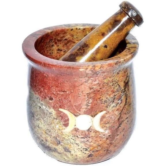 Pearl Inlain Triple Moon Soapstone Mortar and Pestle Set, 3" x 3" Size