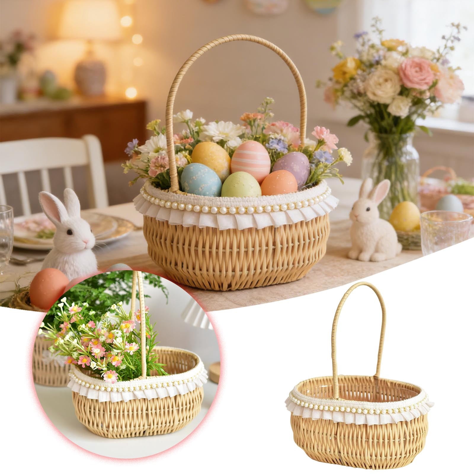 Pearl & Lace Trim Wicker Easter Basket - Handwoven Egg Basket with Handle - Versatile Picnic and Floral Planter for Spring and Weddings