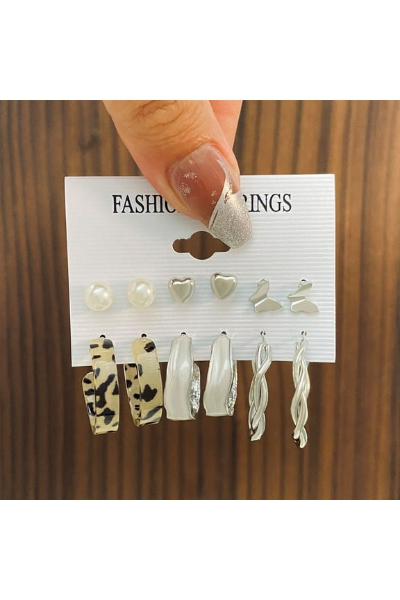 Pearl & Leopard Acetate Earrings - 6-Piece C-Shaped Hoop Set for Statement Looks