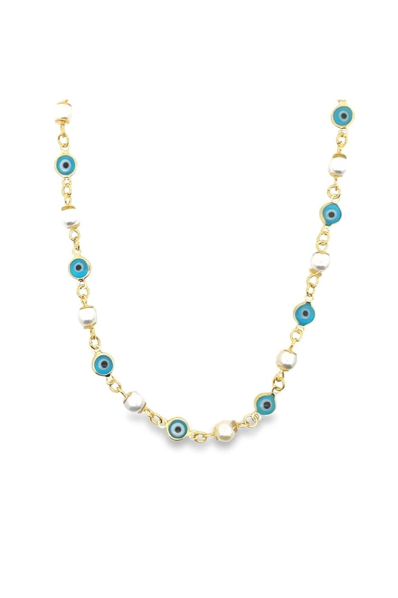 Pearl Light Blue Evil Eye Link Necklace (G204)