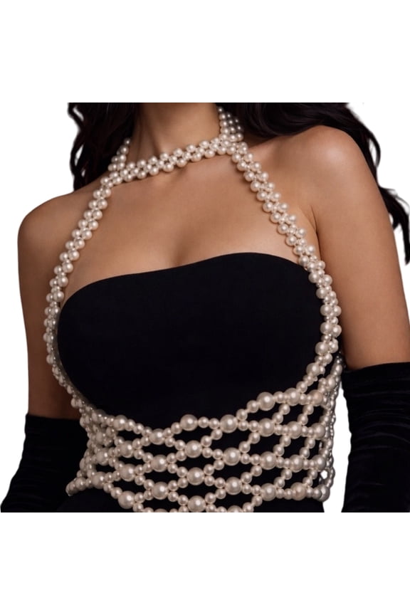 Pearl Look Choker Body Chain with Waist Net Drape, Adjustable Body Jewelry for Evening Outfits, Festival Wear, and Vacation Looks