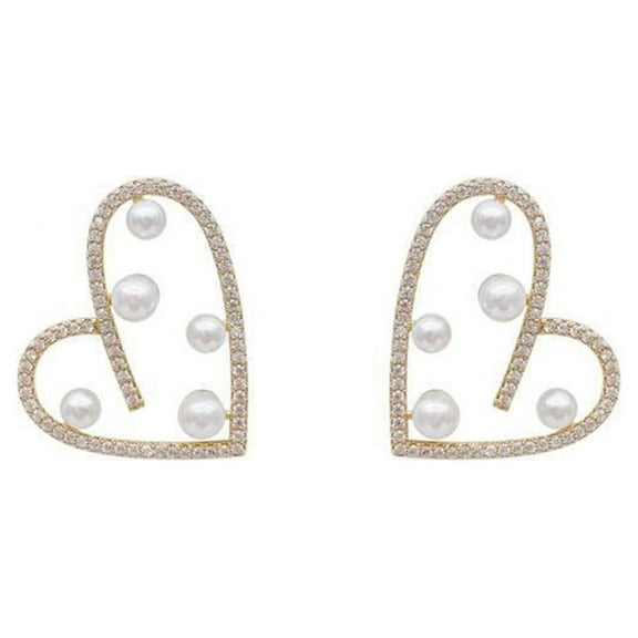 Pearl Love Heart Stud Earrings Sterling Silver Pins Crystal for Women