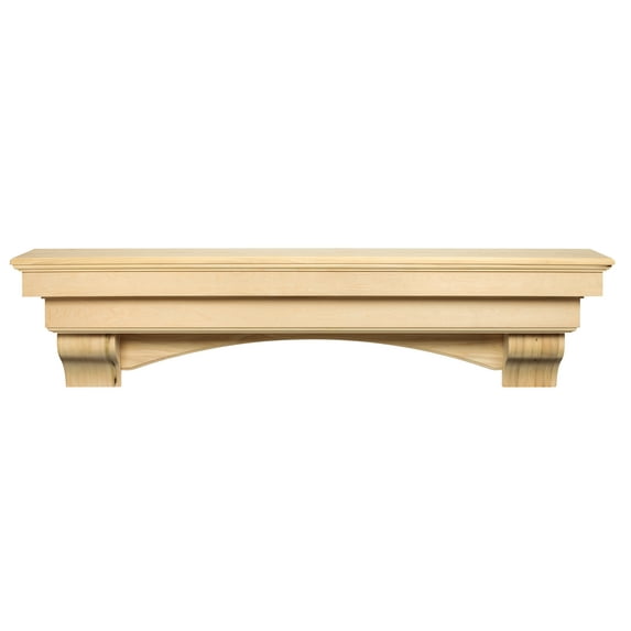 Pearl Mantels Auburn Versatile Premium Wood Mantel Shelf, Unfinished, Paint And Stain Grade, 60"L & 10"D, Hang Alone, With Corbels Or With Corbels And Arch (Included)