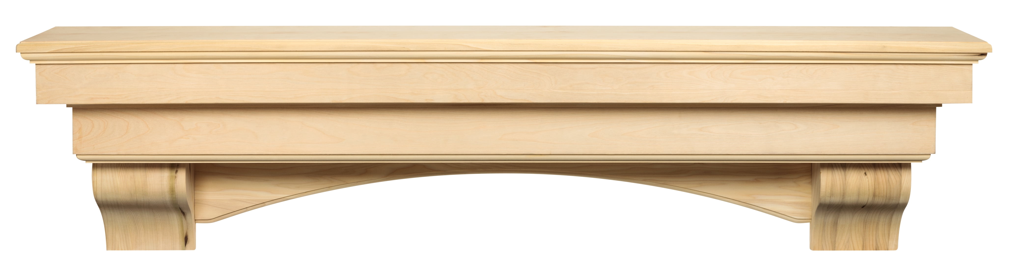 Pearl Mantels Auburn Versatile Premium Wood Mantel Shelf, Unfinished, Paint And Stain Grade, 60"L & 10"D, Hang Alone, With Corbels Or With Corbels And Arch (Included)