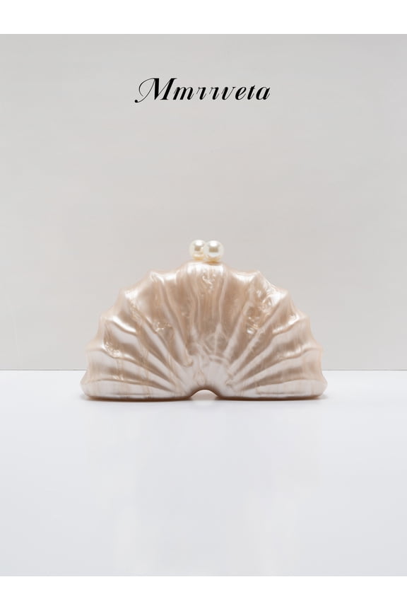 Pearl Marble Fan-Shaped Shell Evening Bag, New Gentle French Style Wedding Bride Party Gala Bag, Unusual Acrylic Handbag With Chain Shoulder Strap For Women