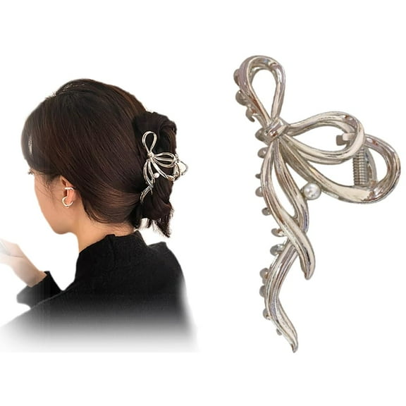 Pearl Metal Hair Clips For Women，Silver Hair Clips With Bow tie Style Non-Slip Metal Hair Claw Clips ， Easy Pulling Up Your Hair Accessories for Women & Girls