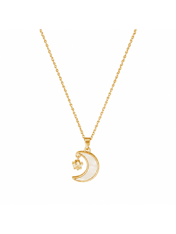 18k Gold Plated Moon & Star Necklace for Women Stainless Steel Simulated Pearl Celestial Adjustable Gift for Her