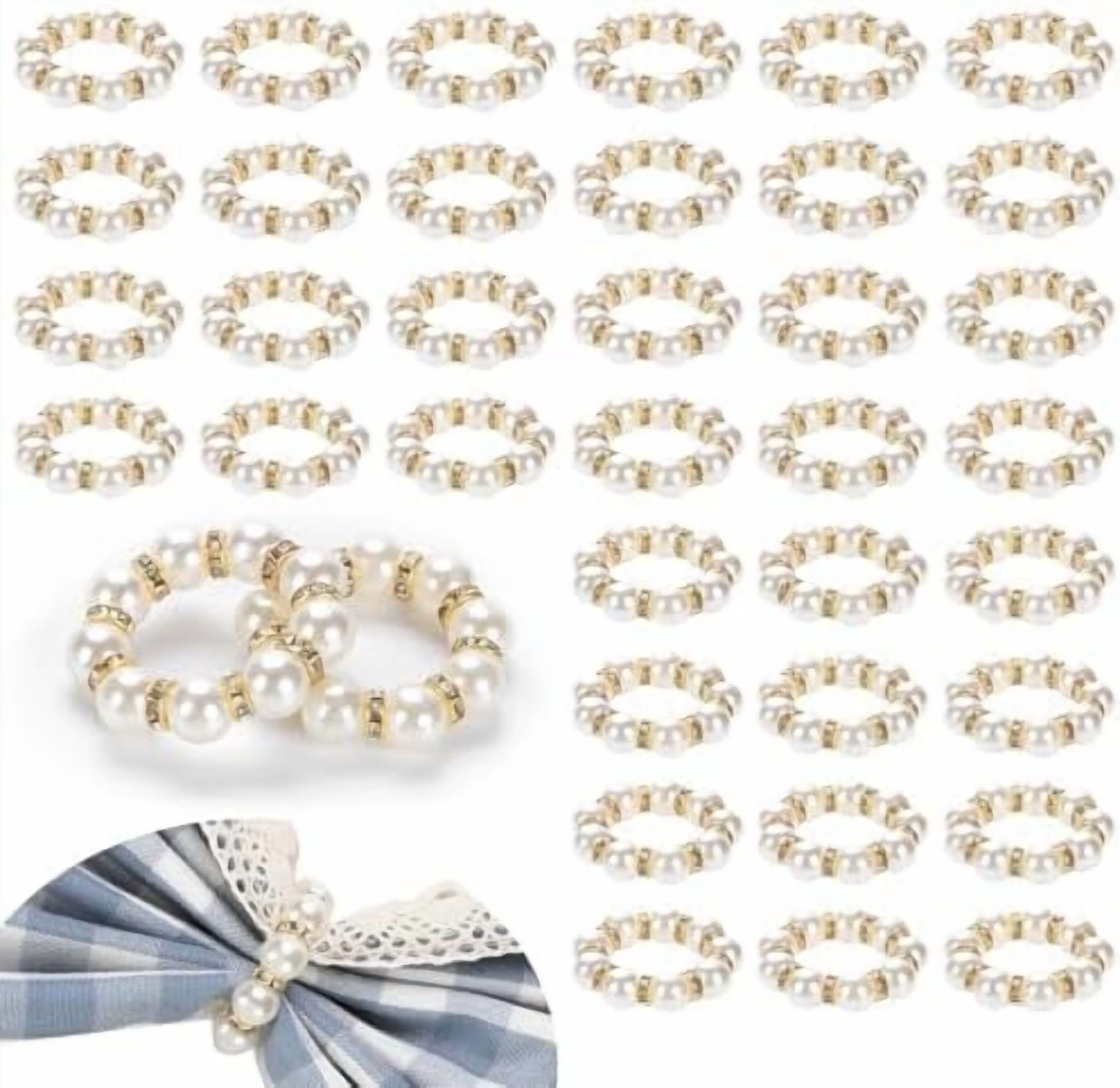 100-Pack Pearl Napkin Rings – Imitation Beaded Elastic Rings In White & Gold For Weddings, Parties, Holidays