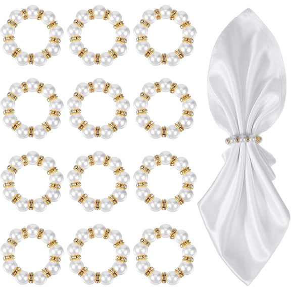 Pearl Napkin Rings Set of 12, Reusable Gold Napkin Rings Bulk, Gold Napkin Holder for Formal Dinner Reception Party Banquet Table Decor and Daily Use