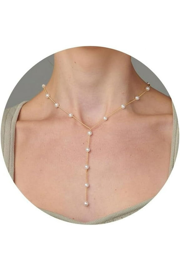 Pearl Necklace, 14K Gold Or White Gold Plated Pearl Dainty Necklace For Women Pearl Y-Necklace Pearl Choker 16.5 Inch[o5644]