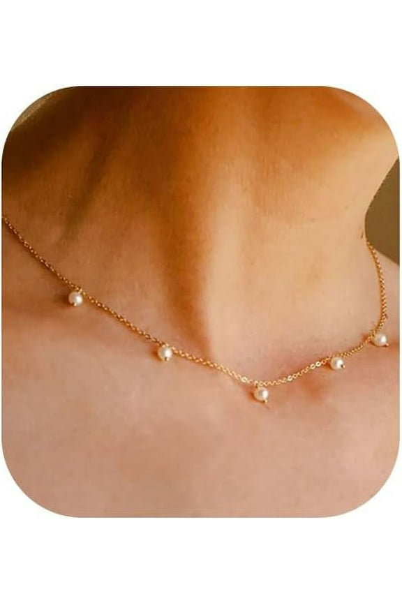 Pearl Necklace, 14K Gold Or White Gold Plated Pearl Dainty Necklace For Women Pearl Y-Necklace Pearl Choker 16.5 Inch[o5649]