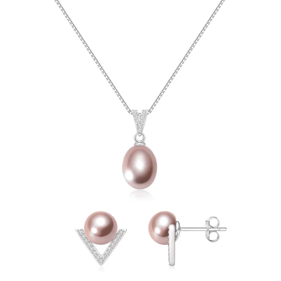 Yami Purple Teardrop Pearl  Necklace and Earrings Set Cultured Pearls in 925 Sterling Silver Jewelry Gift Set for Women