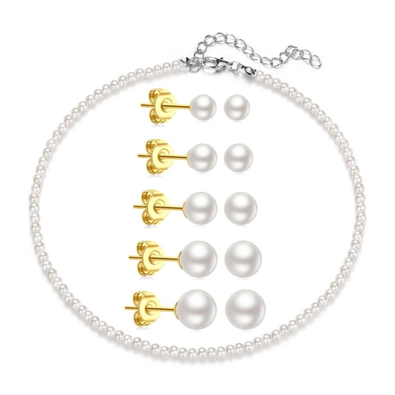 Pearl Necklace Stud Earrings Set for Women Dainty Round Imitation Pearl Choker Necklace for Wedding -5Pairs Hypoallergenic Earrings Delicate Jewelry