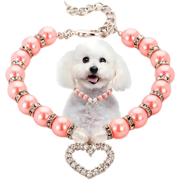 Pearl Necklace with Crystal Rhinestone Heart Pendants, Fancy Cat Wedding Collar Jewelry for Small Medium Large Dogs Puppy