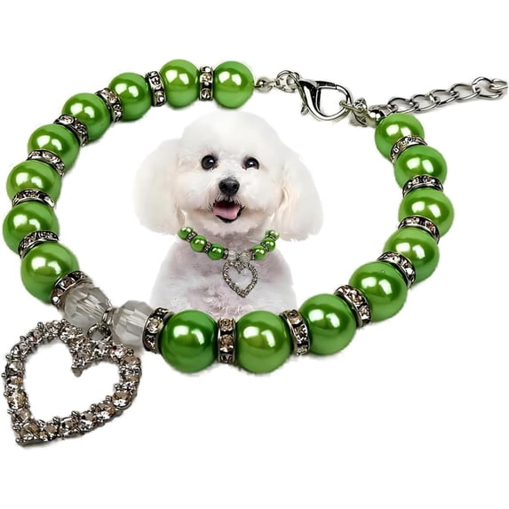 Pearl Necklace with Crystal Rhinestone Heart Pendants, Fancy Cat Wedding Collar Jewelry for Small Medium Large Dogs Puppy