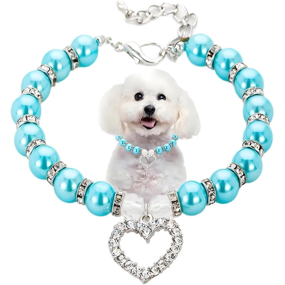 Pearl Necklace with Crystal Rhinestone Heart Pendants, Fancy Cat Wedding Collar Jewelry for Small Medium Large Dogs Puppy