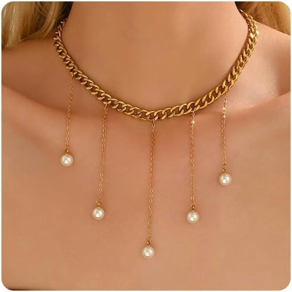 Pearl Necklaces for Women 18K Gold Plated Bow Pearl Choker Dainty Fruit Charms Cherry Tassel Paperclip Pendant Necklace Chunky Cuban Pearls CZ Dangle Herringbone Link Chain Bridal Jewelry