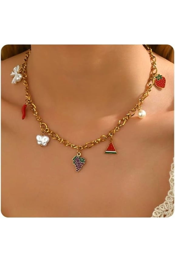 Pearl Necklaces for Women 18K Gold Plated Bow Pearl Choker Dainty Fruit Charms Cherry Tassel Paperclip Pendant Necklace Chunky Cuban Pearls CZ Dangle Herringbone Link Chain Bridal Jewelry