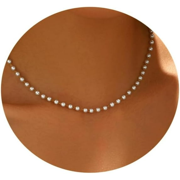 Pearl Necklaces for Women 18K Gold Plated Dainty Cross Necklace Gold Flower Pearls Beaded Choker Necklace Trendy Stainless Steel Bridesmaid Wedding Jewelry