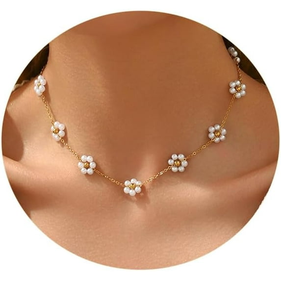 Pearl Necklaces for Women 18K Gold Plated Dainty Cross Necklace Gold Flower Pearls Beaded Choker Necklace Trendy Stainless Steel Bridesmaid Wedding Jewelry