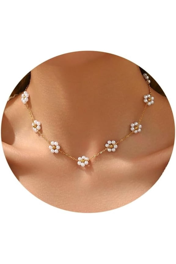 Pearl Necklaces for Women 18K Gold Plated Dainty Cross Necklace Gold Flower Pearls Beaded Choker Necklace Trendy Stainless Steel Bridesmaid Wedding Jewelry
