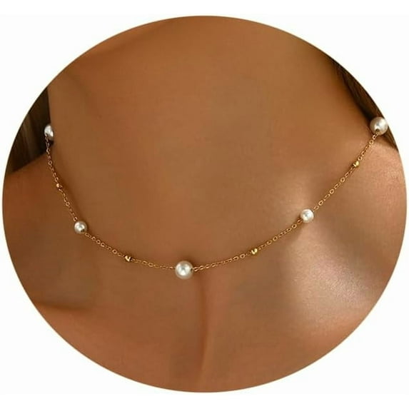 Pearl Necklaces for Women 18K Gold Plated Dainty Cross Necklace Gold Flower Pearls Beaded Choker Necklace Trendy Stainless Steel Bridesmaid Wedding Jewelry