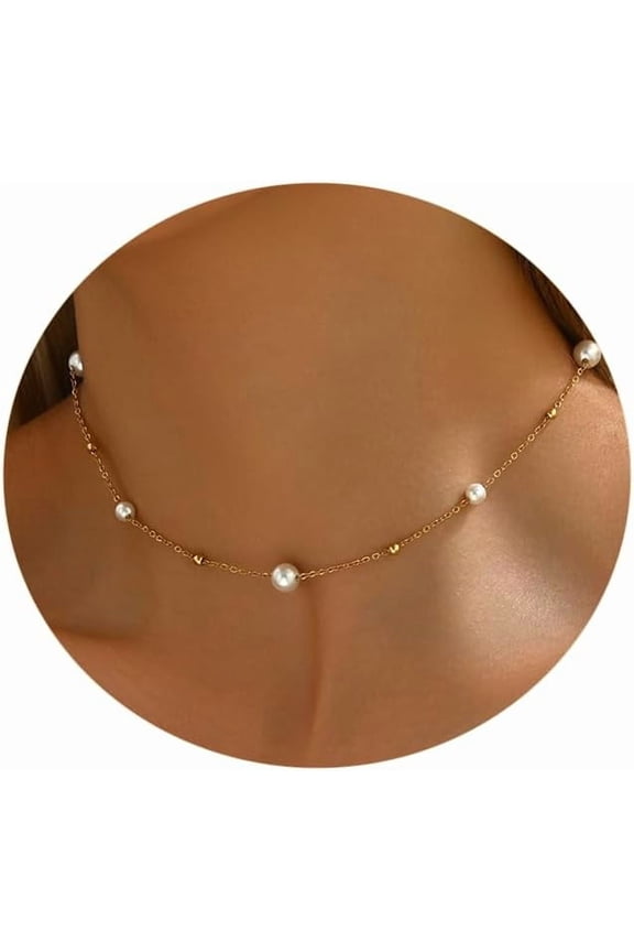 Pearl Necklaces for Women 18K Gold Plated Dainty Cross Necklace Gold Flower Pearls Beaded Choker Necklace Trendy Stainless Steel Bridesmaid Wedding Jewelry