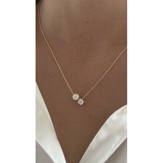 Dainty Pearl Solitaire Diamond Necklace, Natural Freshwater Pearls, 925 Sterling Silver, Pearl Jewelry Women, Gift for Her