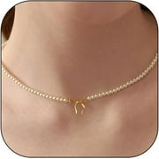 AWAREISN Pearl Necklaces for Women Pearl Bow Necklace Gold Pearl Choker Necklaces Bow Charm Necklace Summer Dress Accessories for Girls