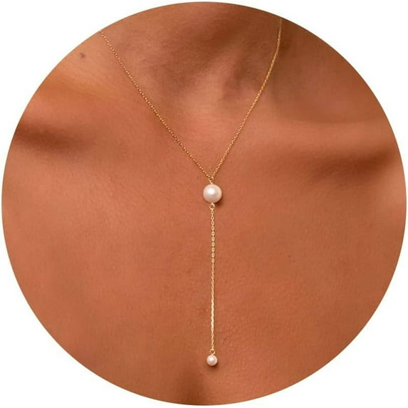 Pearl Necklaces for Women-Pearl Y Necklace, Pearl Choker, Pearl Pendent Necklace, 14k Gold Filled Adjustable Dainty Necklace for Women 16”+2”