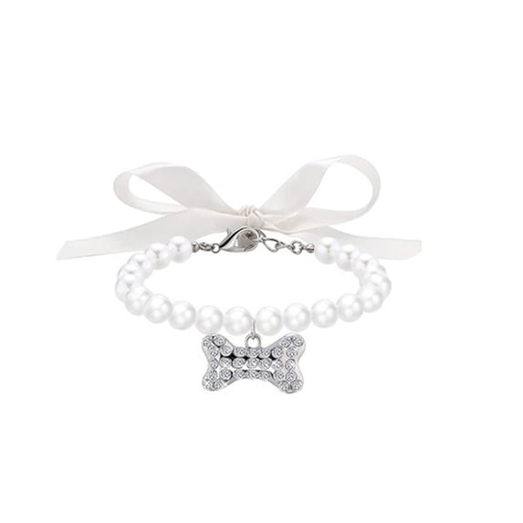 Pearl Pet Collar with Rhinestone Bone Pendant, Adjustable Puppy Jewelry Necklace with Ribbon Bow for Small Dogs and Cats