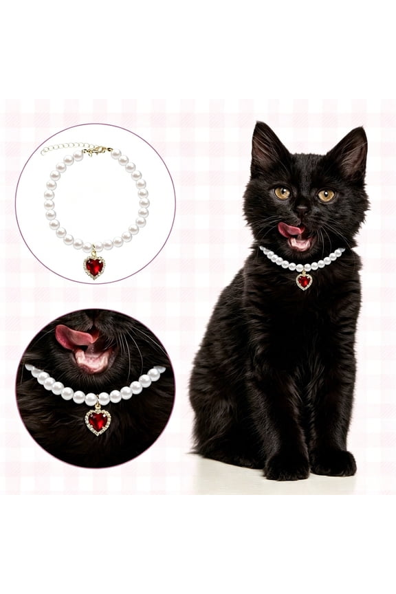Pearl Pet Necklace with Heart Gem Pendant Adjustable Breakaway Collar Fashionable Pet Jewelry for Small Dogs and Cats Photoshoots Daily Wear