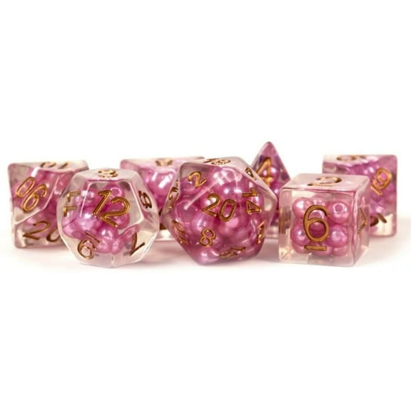 Pearl Pink Dice with Copper Numbers Resin 16mm (5/8in) 7 Dice Set Metallic Dice Games