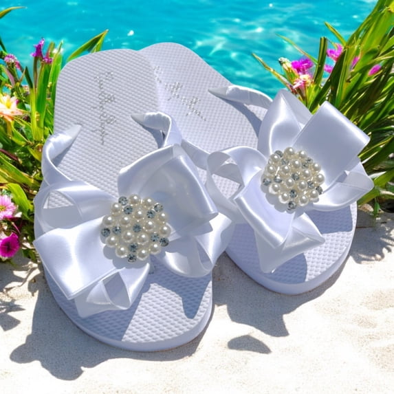 Pearl & Rhinestone Embellishment Flip Flops with White Satin Bows