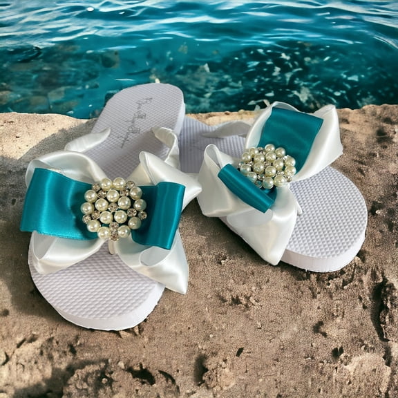 Pearl & Rhinestone Embellishment Flip Flops with White & Turquoise Blue Satin Bows