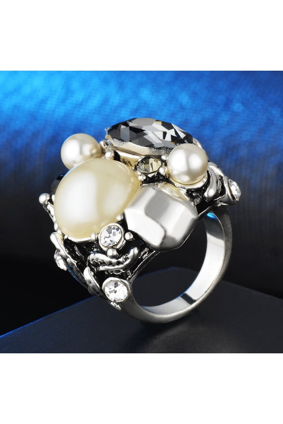 Pearl Rhinestone Gem Ring For Women Silver Tone Inlay Jewelry With Geometric Designs Sizes 6 7 8 9 Gold Plated