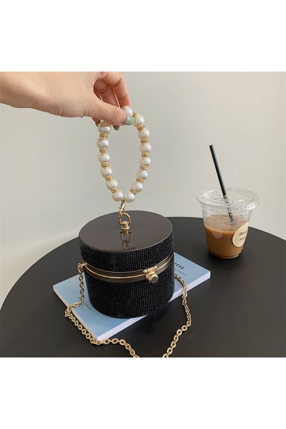 Pearl & Rhinestone Jewel Box Handbag, Chic Chain Mini Crossbody Bag, Cylinder Lock Purse with Glamorous Style for Daily Use