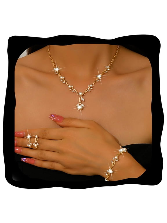 Pearl Rhinestone Jewelry Set, Gold Bridal Wedding Necklace Earrings Bracelet 3Pcs, Formal Prom Party Ornaments for Women Brides