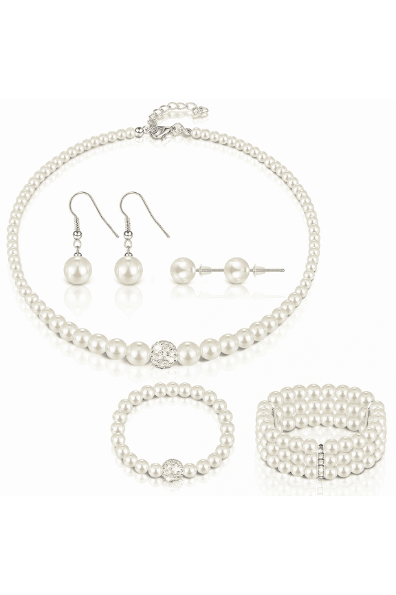 Pearl Rhinestone Jewelry Set for Women, 5Pcs Pearl Necklace, Bracelets and Earrings for Wedding, Birthday, Bridal Shower and Special Events