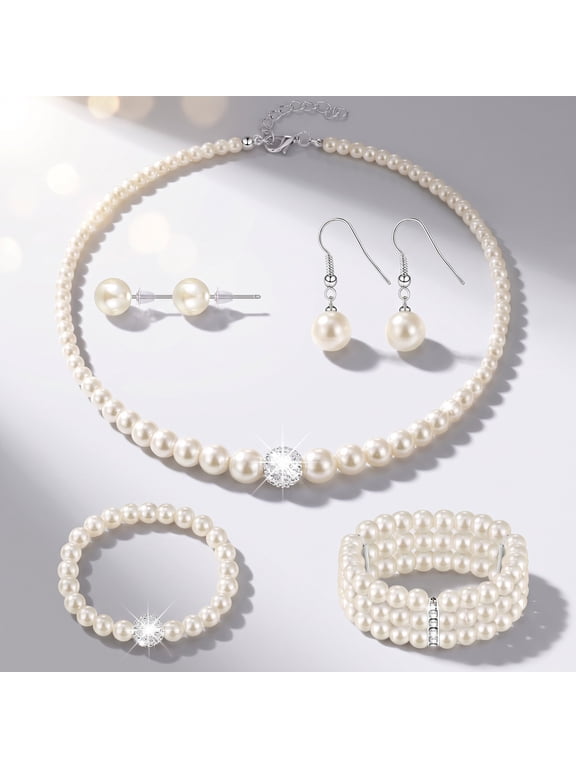 Pearl Rhinestone Jewelry Set for Women, 5Pcs Pearl Necklace, Bracelets and Earrings for Wedding, Birthday, Bridal Shower and Special Events
