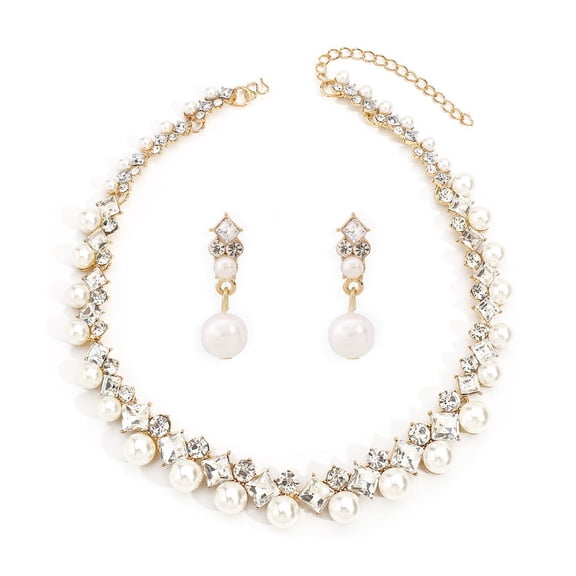 Pearl Rhinestone Necklace Earrings Jewelry Set Shiny Geometric Clavicle Chain Luxury Wedding Banquet Jewelry Accessories Gift