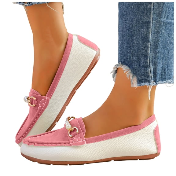 Pearl Rhinestones Penny Loafers for Women Fashion Casual Leather Color Block Sparkly Slip on Walking Flats Boat Shoes