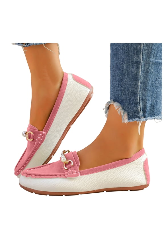 Pearl Rhinestones Penny Loafers for Women Fashion Casual Leather Color Block Sparkly Slip on Walking Flats Boat Shoes