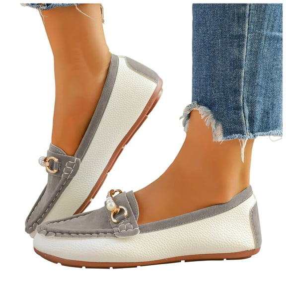 Pearl Rhinestones Penny Loafers for Women Fashion Casual Leather Color Block Sparkly Slip on Walking Flats Boat Shoes