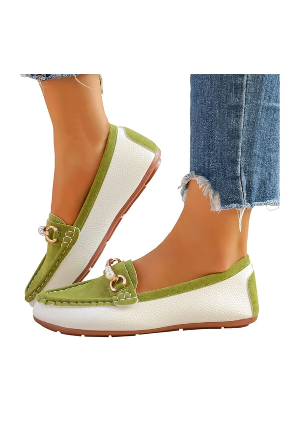 Pearl Rhinestones Penny Loafers for Women Fashion Casual Leather Color Block Sparkly Slip on Walking Flats Boat Shoes