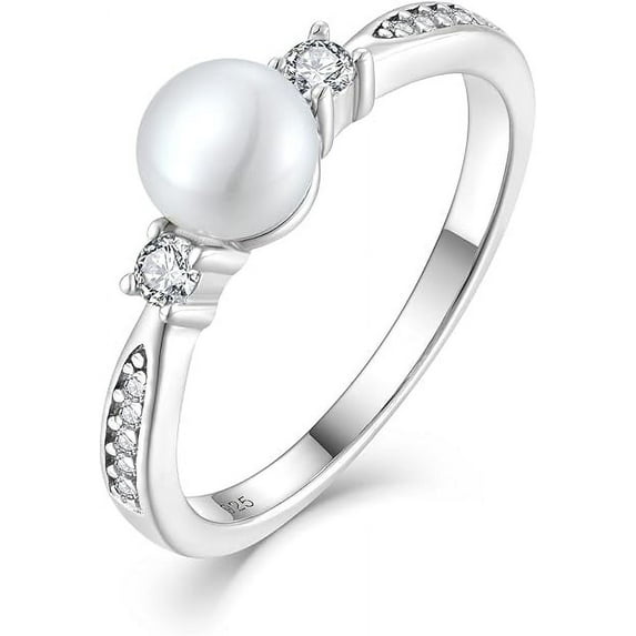 Pearl Ring, 925 Sterling Silver Cubic Zirconia Women's Rings, 6mm White Freshwater Cultured Pearl Statement Ring, Promise Wedding Band Rings for Women Wife Girlfriend, Size 9